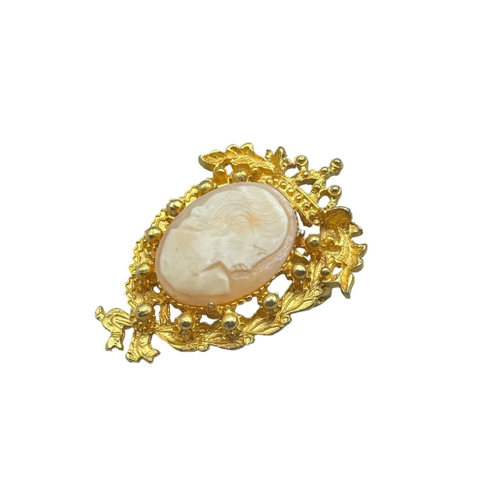 Vintage UNSIGNED Florenza Cameo Pin Brooch Gold Tone Genuine Carved Shell Cameo